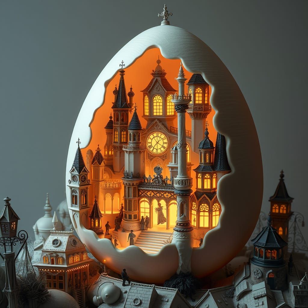 Victorian City Carved on Eggshell