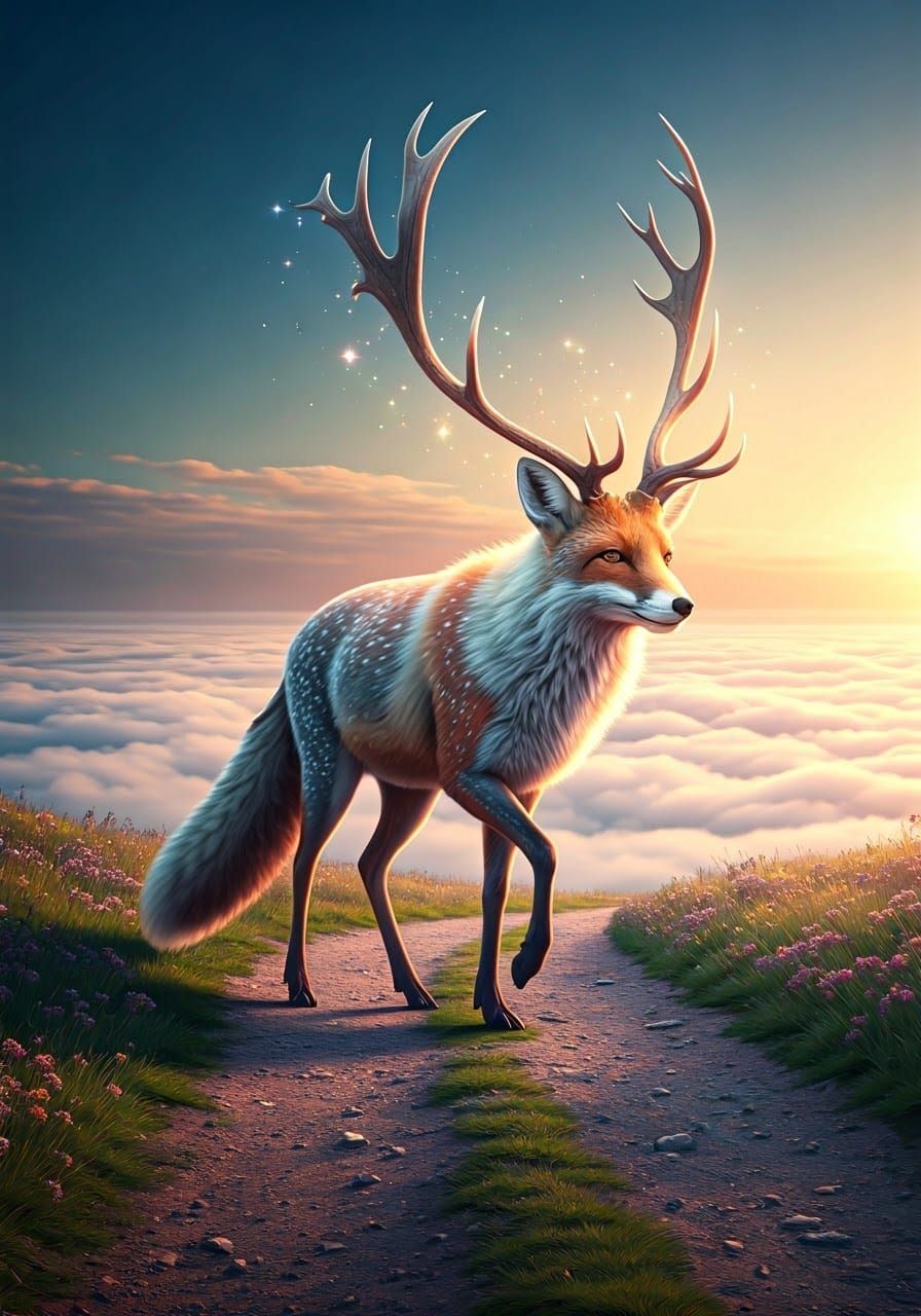 Majestic Fox-Deer Hybrid on Iridescent Path