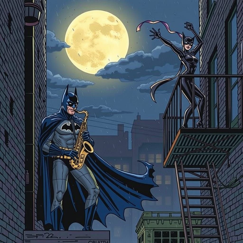 Batman Plays Saxophone Under Noir Moon