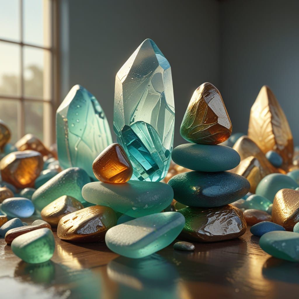 Sea Glass Sculptures are stacked up