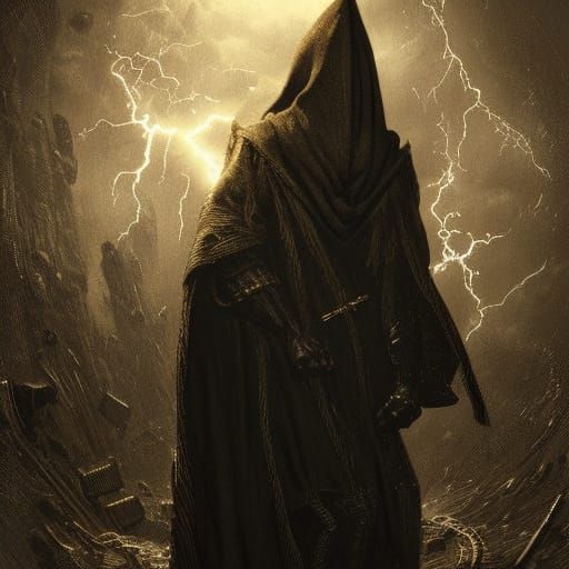 Mad Wizard in Lightning Storm: Digital Art