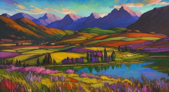 Scottish Highlands Landscape in Encaustic Impasto Style