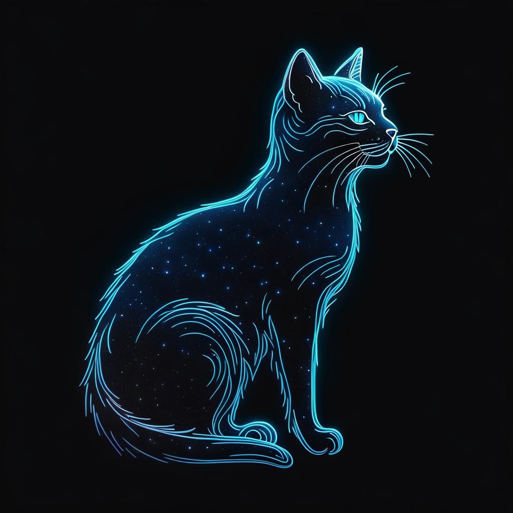 Neon Cat Silhouette on Cosmic Background