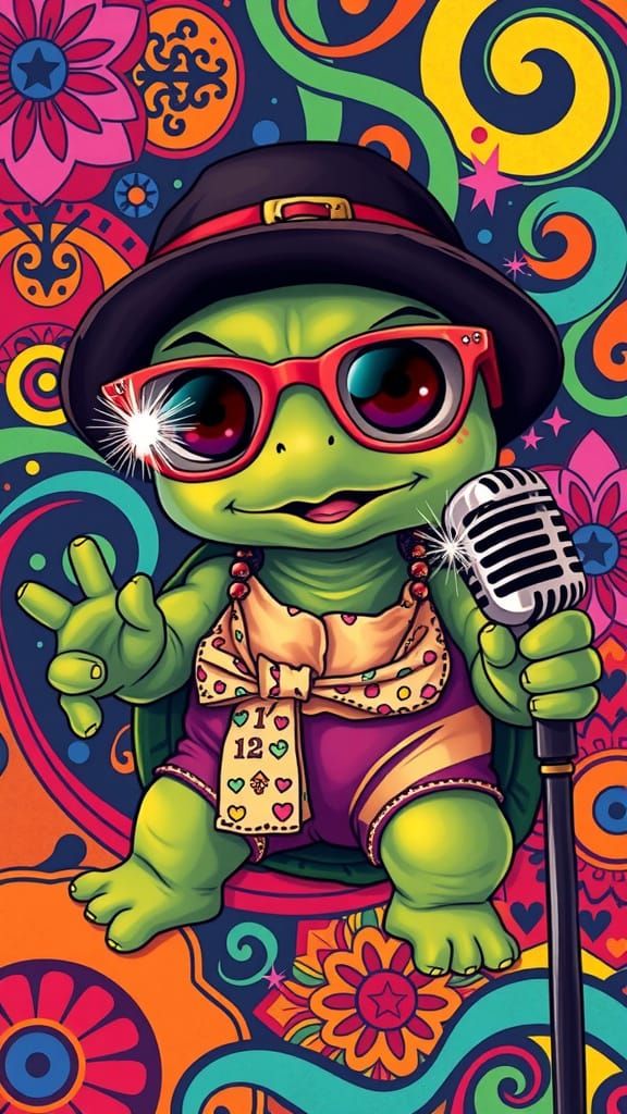 Singing Turtle in 70s Psychedelic Pop Surrealism