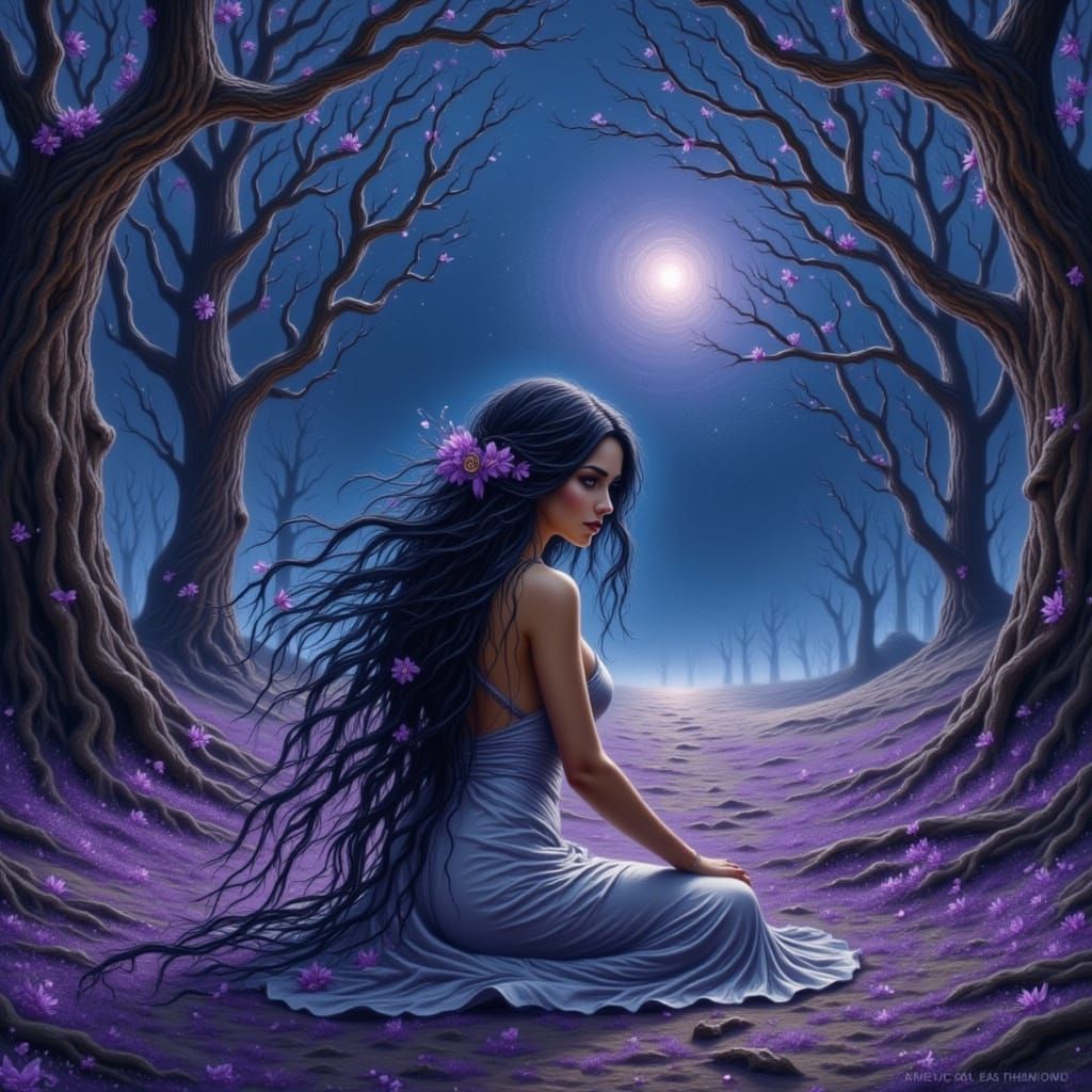 Gothic Woman in Desolate Landscape with Earthy Tones