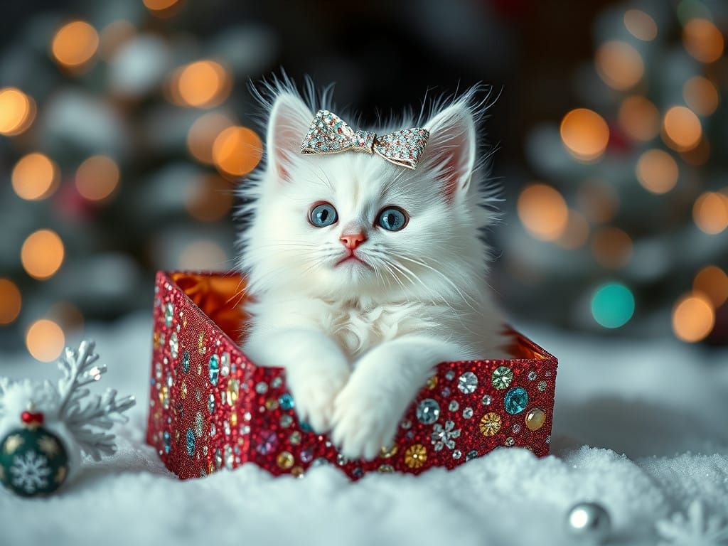 Luxurious Gem-Adorned Kitten in a Snowy Christmas Wonderland