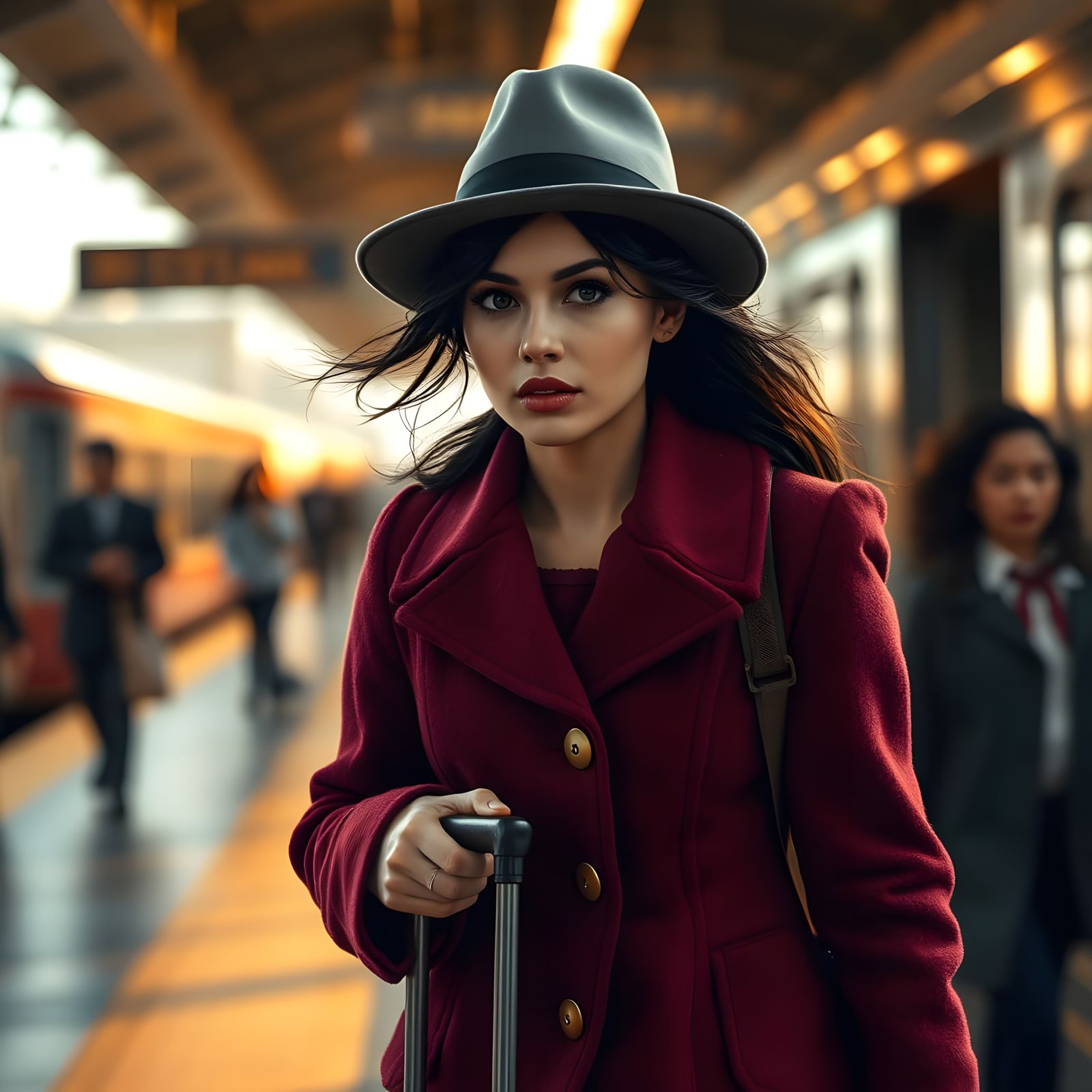 Girl Rushes to Catch Train in Golden Hour Light