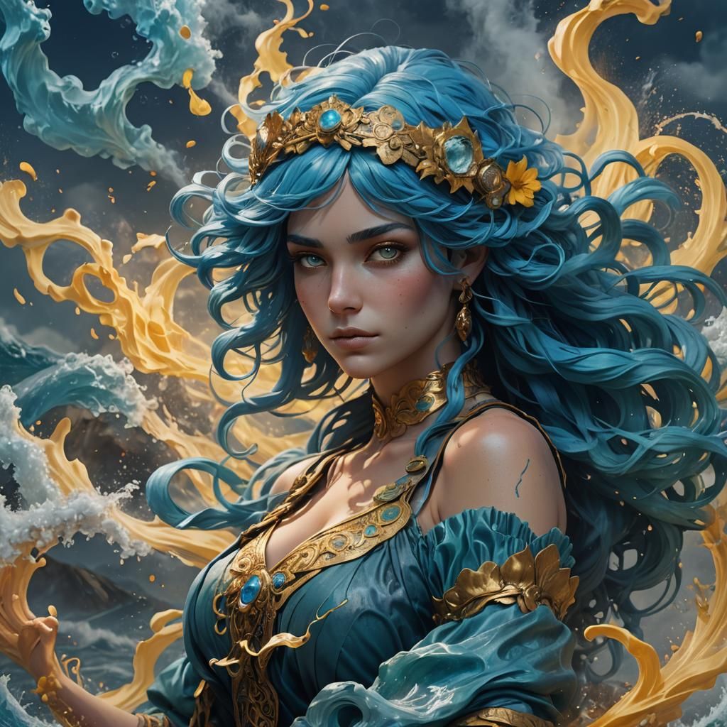 Blue-Haired Woman with Fire and Ocean, Art Nouveau Style