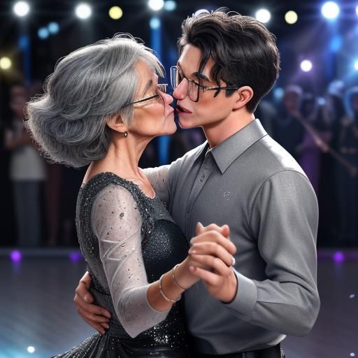 Passionate Kiss Between Older Woman and Younger Man