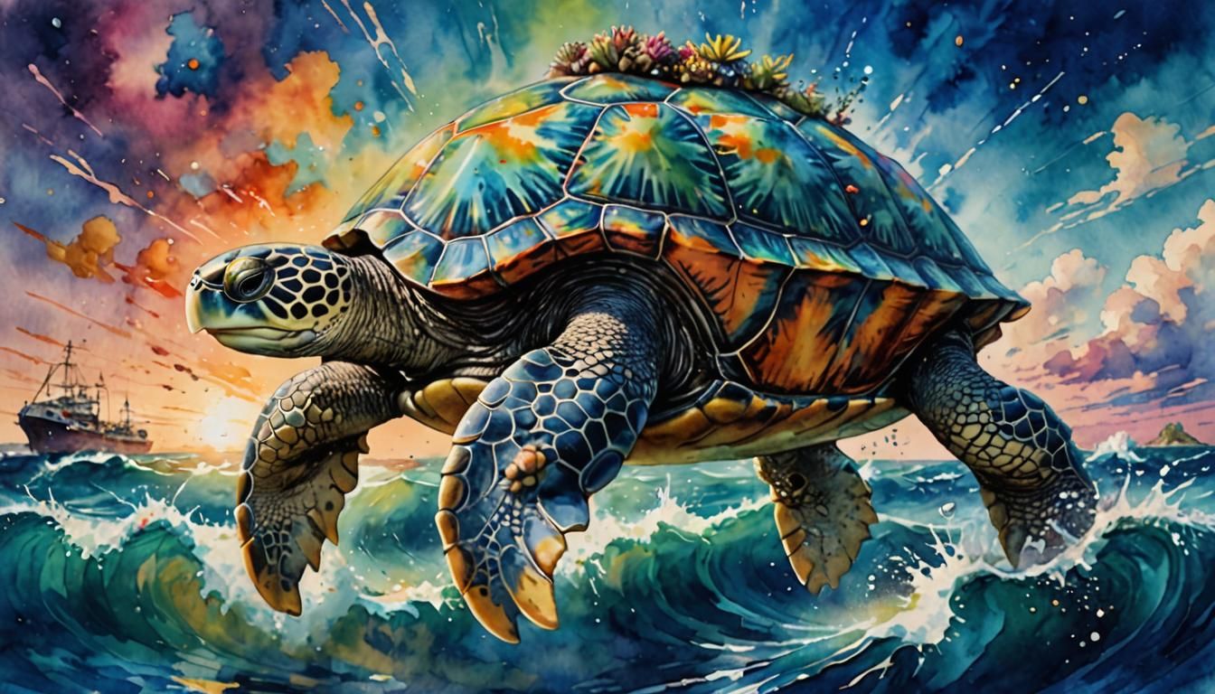 Earth Turtle in Psychedelic Sea: Watercolor Splash