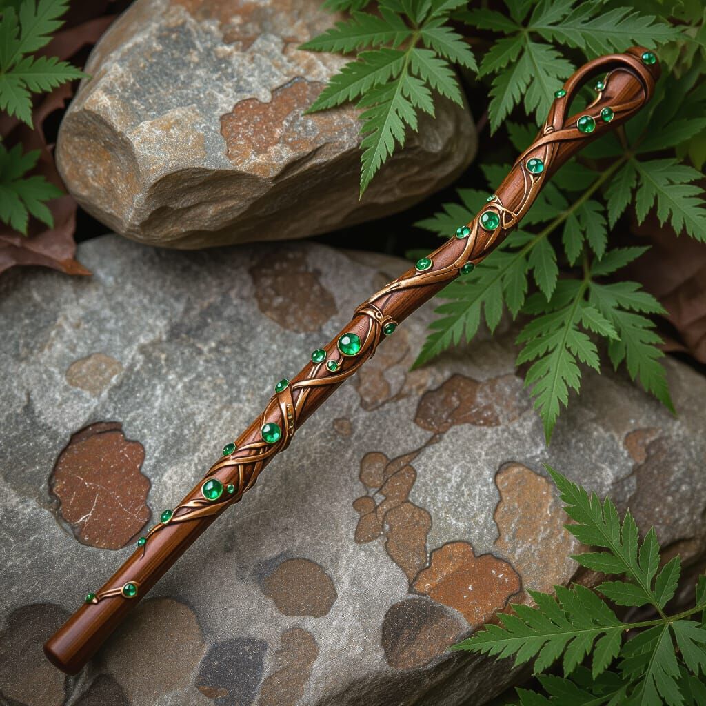 Enchanted Willow Wand with Emeralds and Engravings