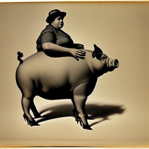 Woman Rides Pig to Town: Vintage Illustration