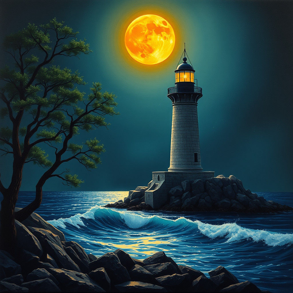 Lighthouse Under Orange Moon in Gouache Style