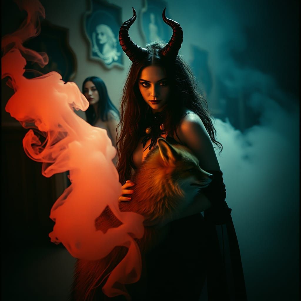 Mysterious Woman with Nine-Tailed Fox in Dim Light