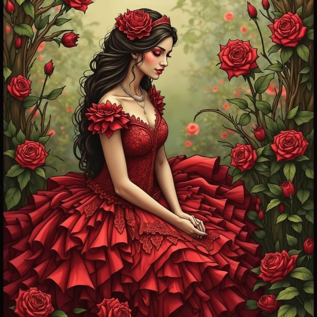 Victorian-Era Lady in a Lush Art Nouveau Garden