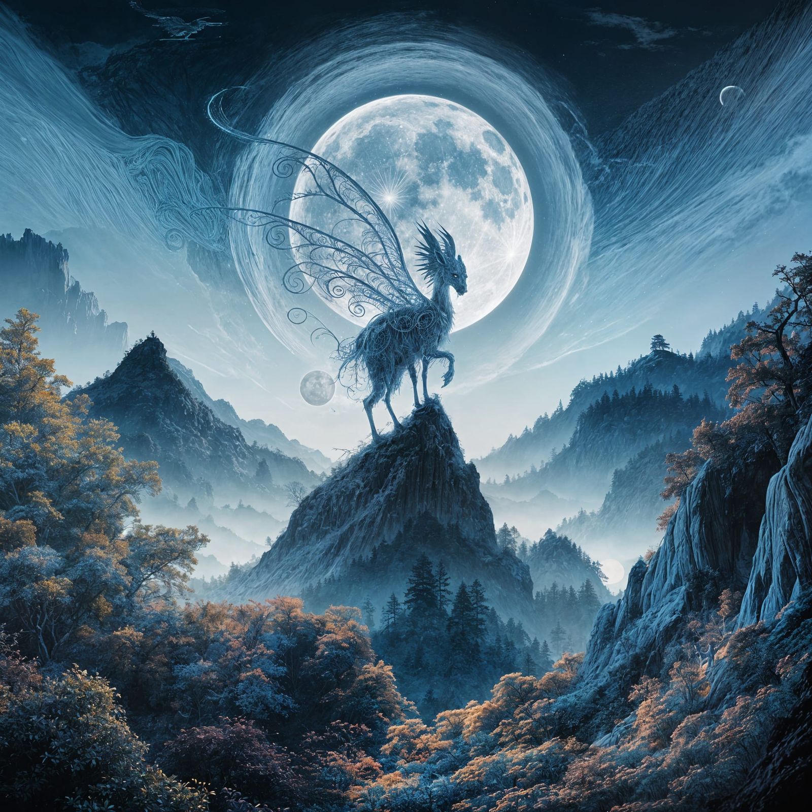 Mythical Creature on Misty Peak in Fantasy Style