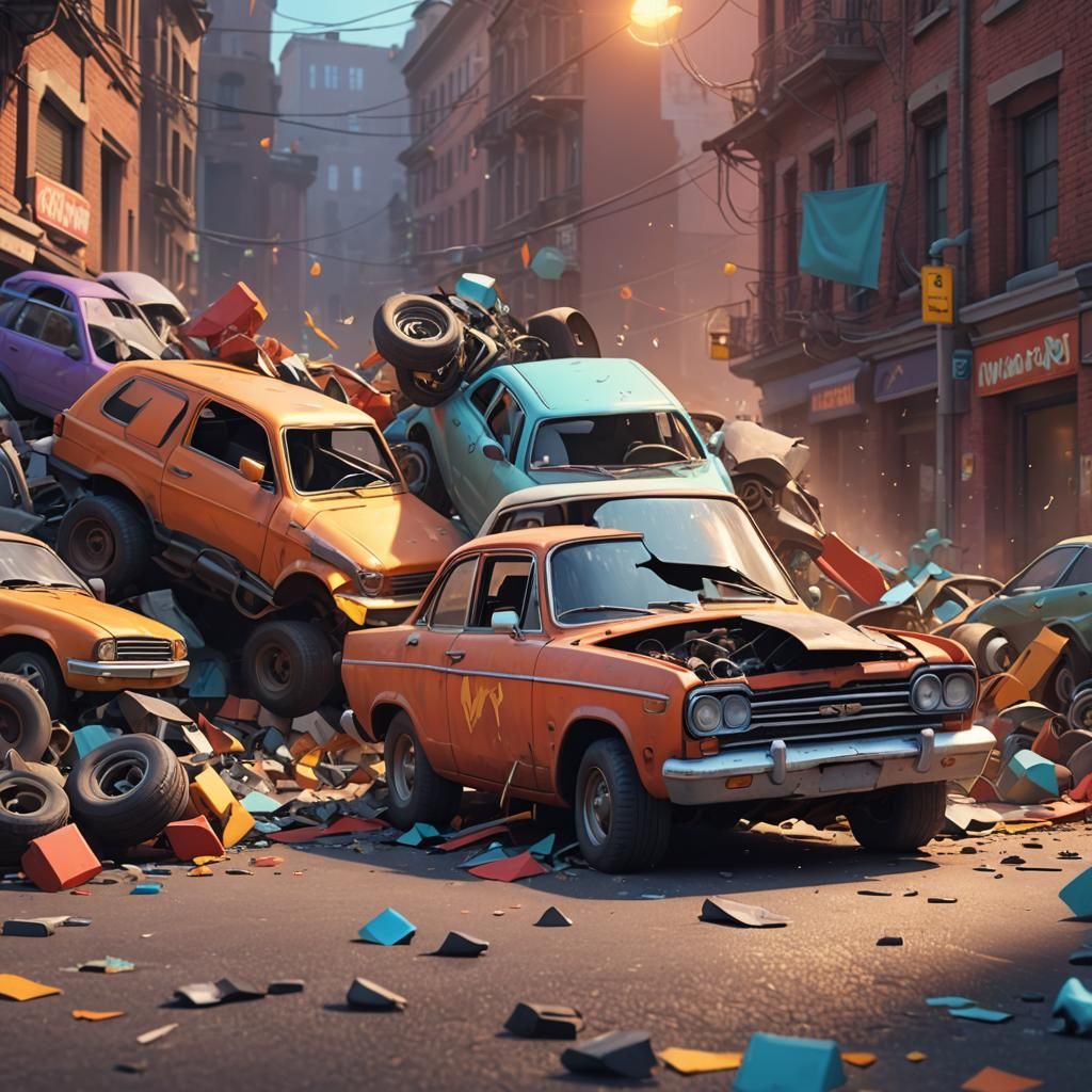 Car Crash in Pixar Style 3D Rendering