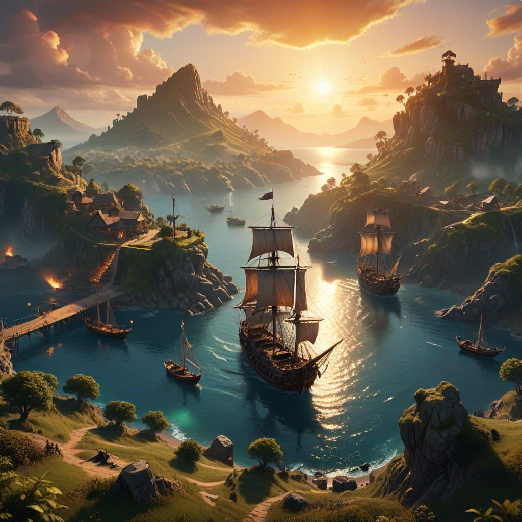 Fantasy Harbour at Sunset: Majestic Pirate Ships in a Dreaml...