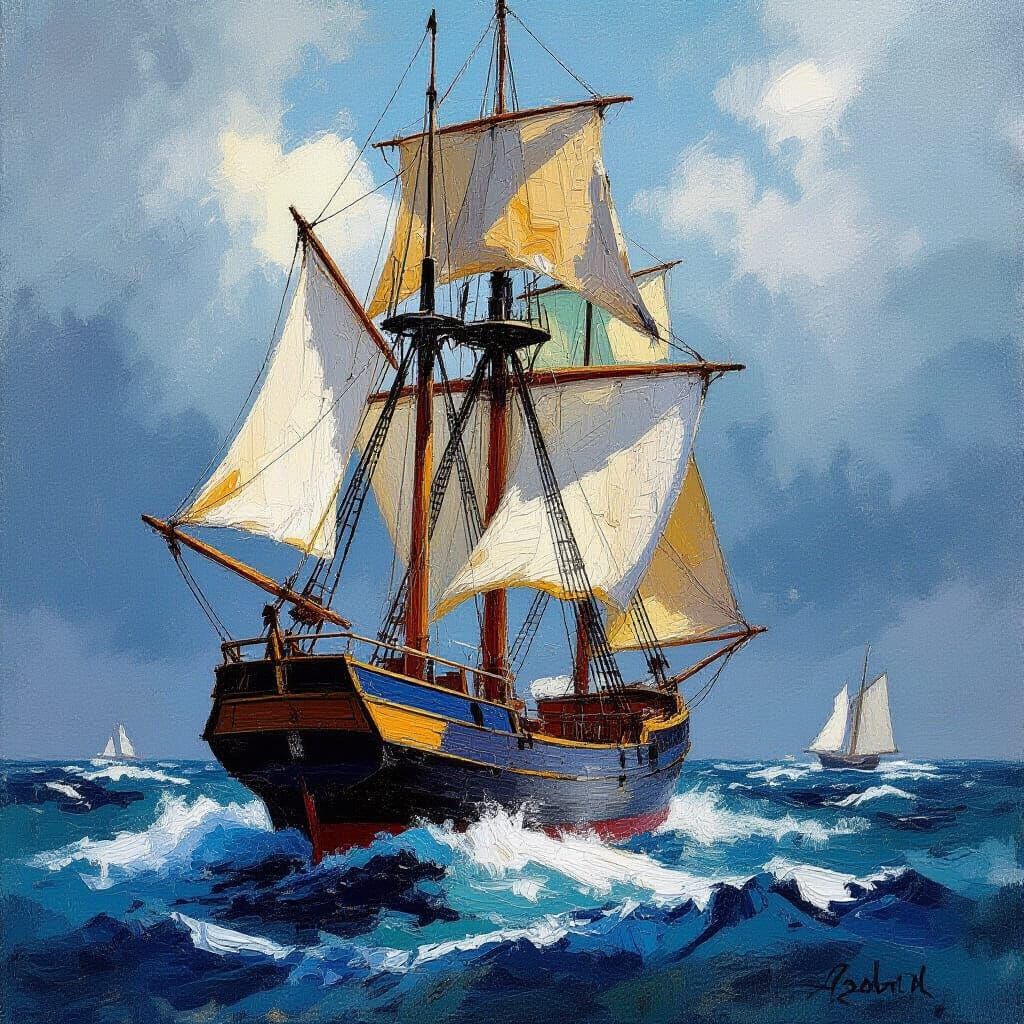 Aggressive Oil Pastel Sailing Ship Close-Up