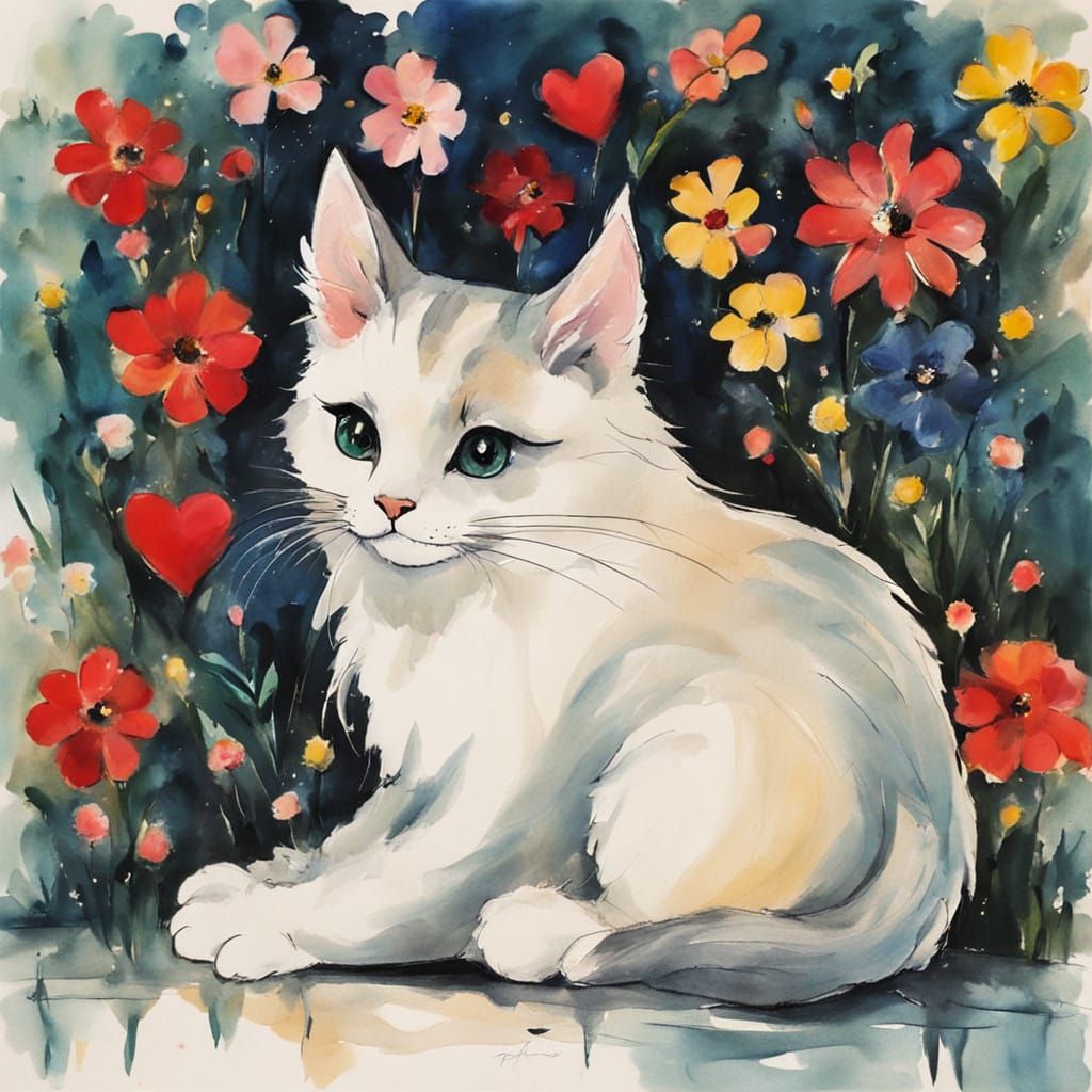 Cat Surrounded by Flowers in Folk Art Style