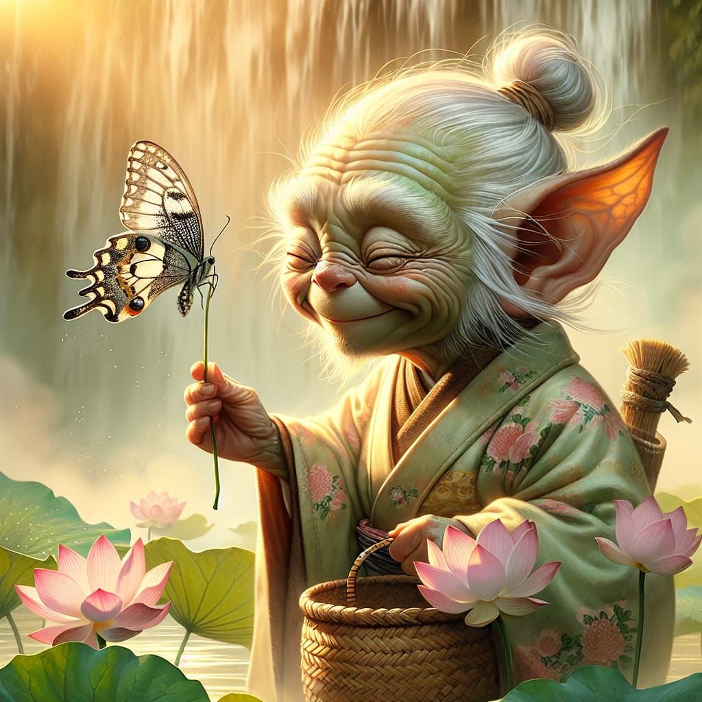 Gremlin's Gentle Moment with Butterfly: Ukiyo-e Style