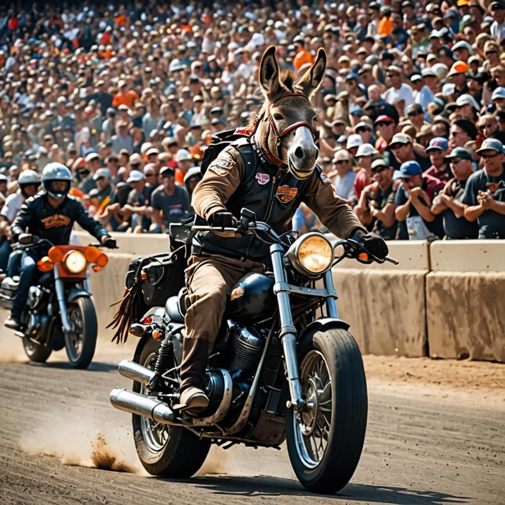 Donkey Rides Harley on Racetrack Before Cheering Fans