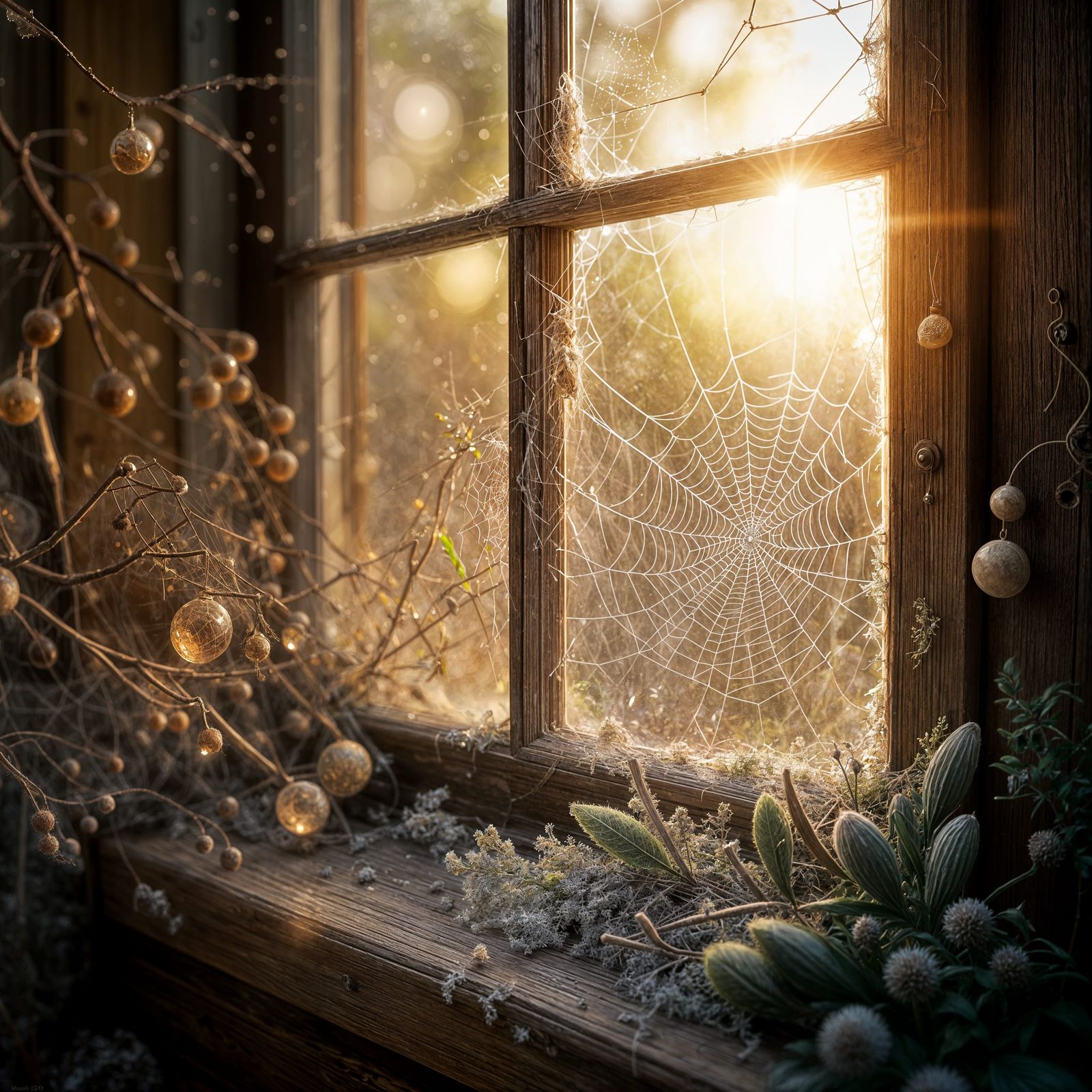 Cozy Sunlit Window with Spiderweb Macro Shot