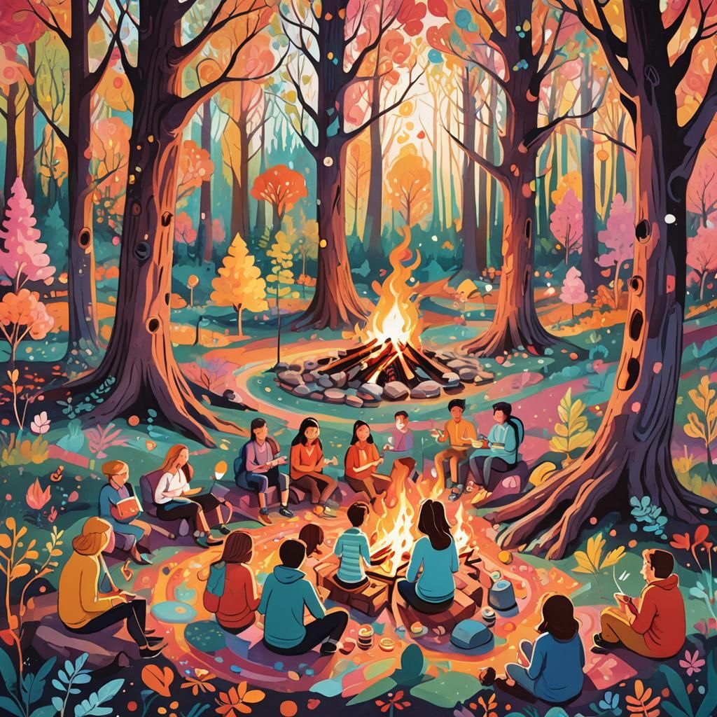 Magical Forest Campfire Illustration in Gouache Style
