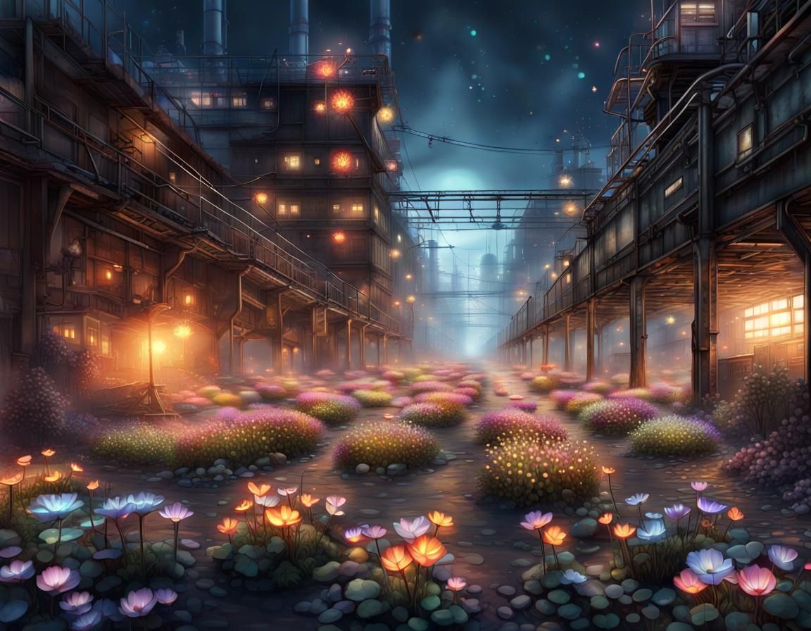 Glowing Garden in Industrial Slums: Digital Watercolor