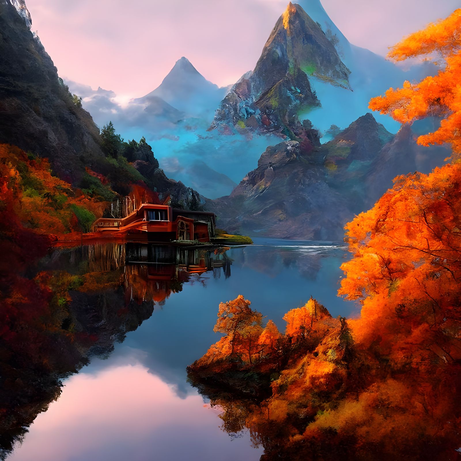 Mountain Lake Reflection: Hyperrealistic Digital Landscape
