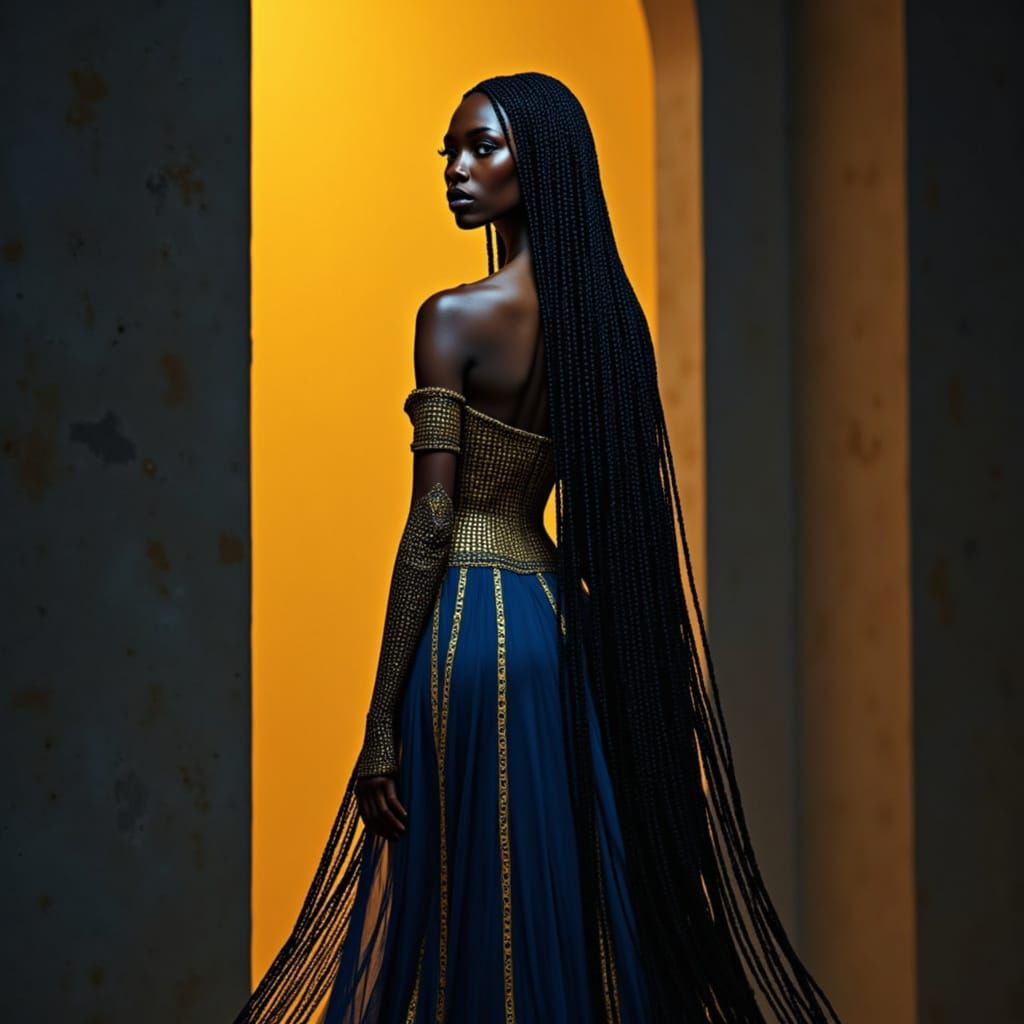 Elegant Black Woman in Blue and Gold Dress