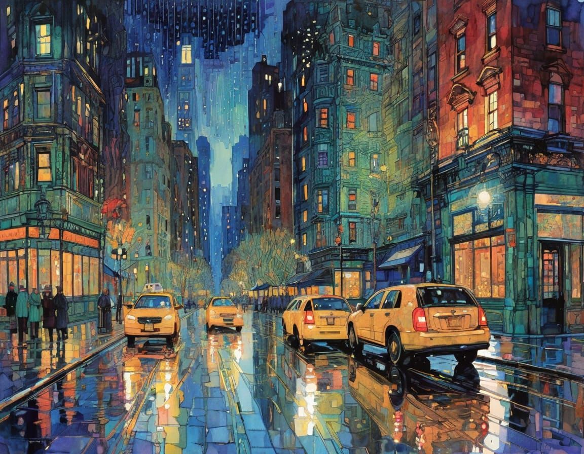 NYC Rainy Night: Ink and Watercolor Painting