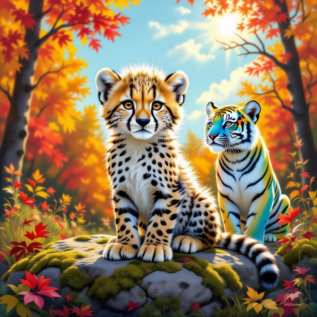 Realistic Baby Cheetah with Translucent Tiger in Fall Forest