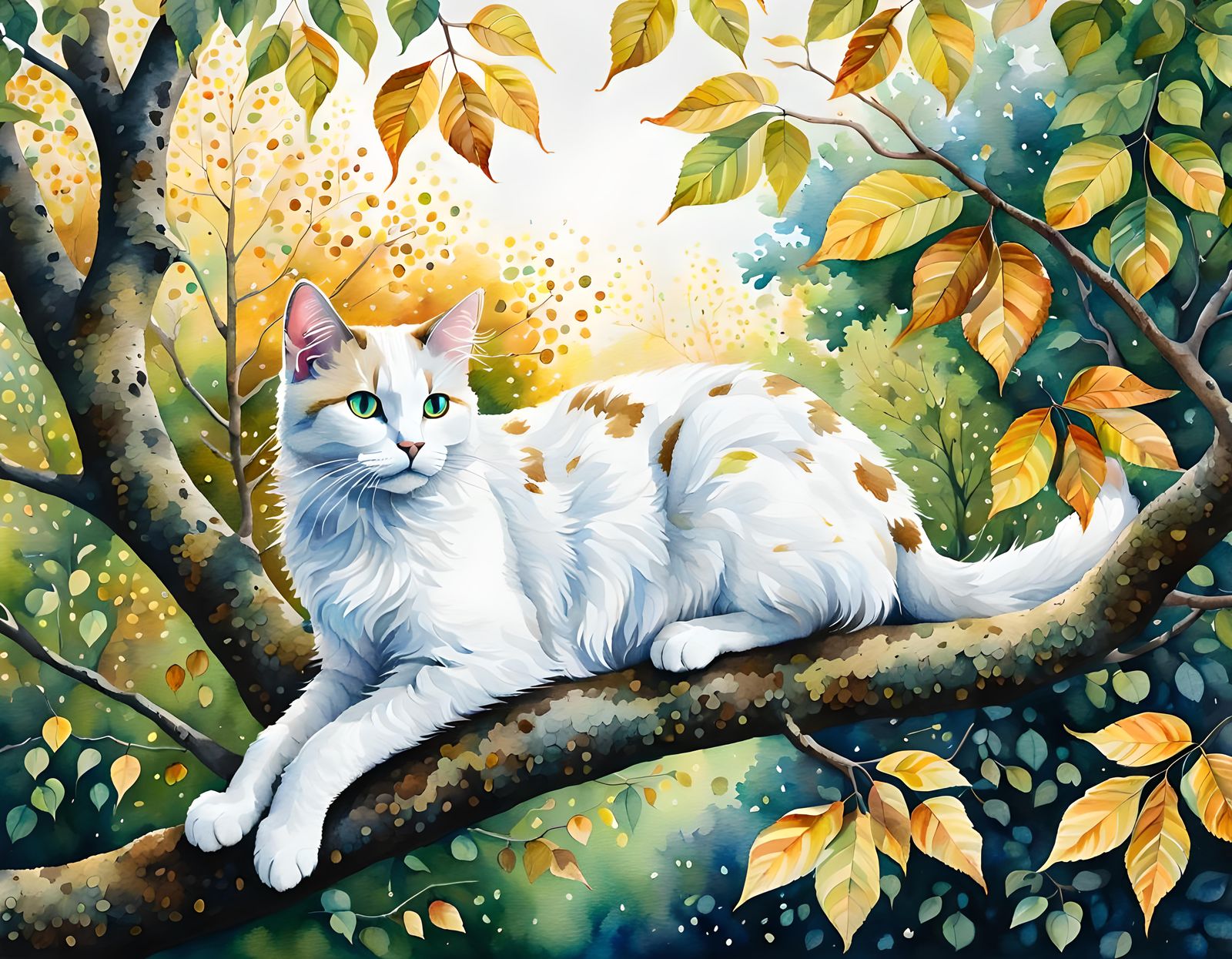 Cat Climbing Tree with Autumn Leaves, Aquarelle Painting
