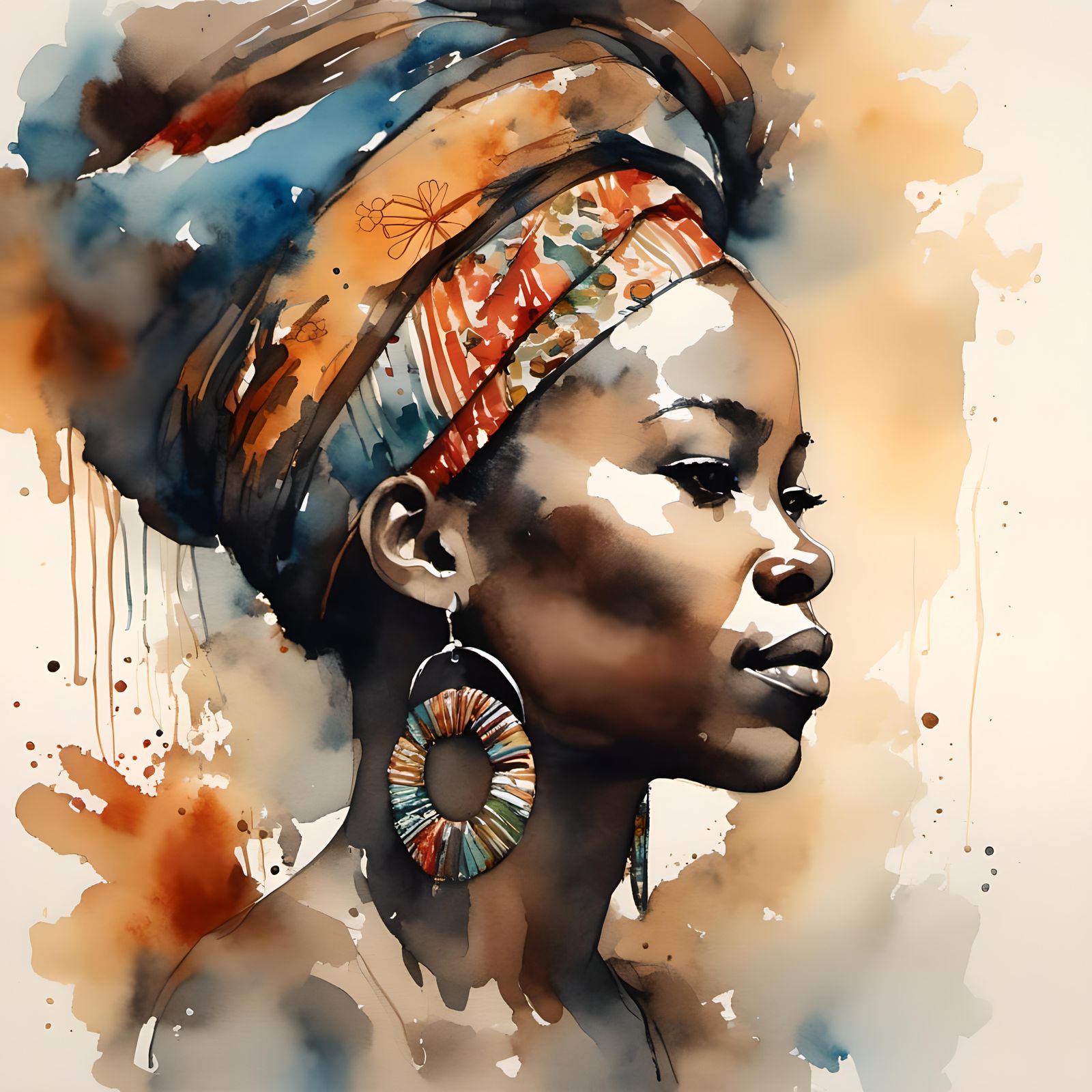 Watercolor Portrait of African Woman with Headwrap