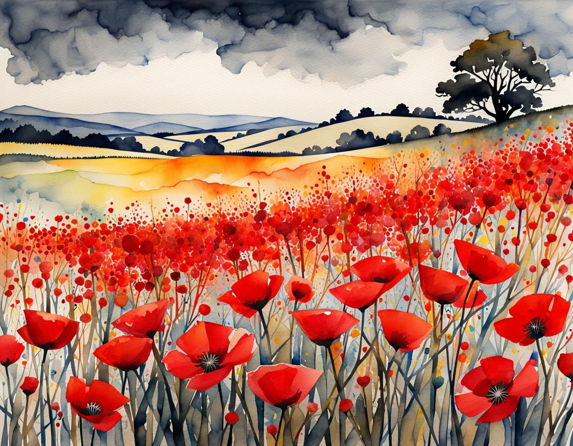 Magical Red Poppy Field: Whimsical Watercolor Illustration
