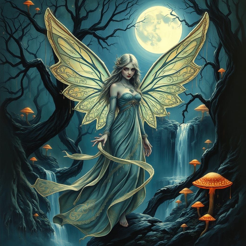 Fairy Elf Gypsy in Moonlit Forest as Impasto Painting