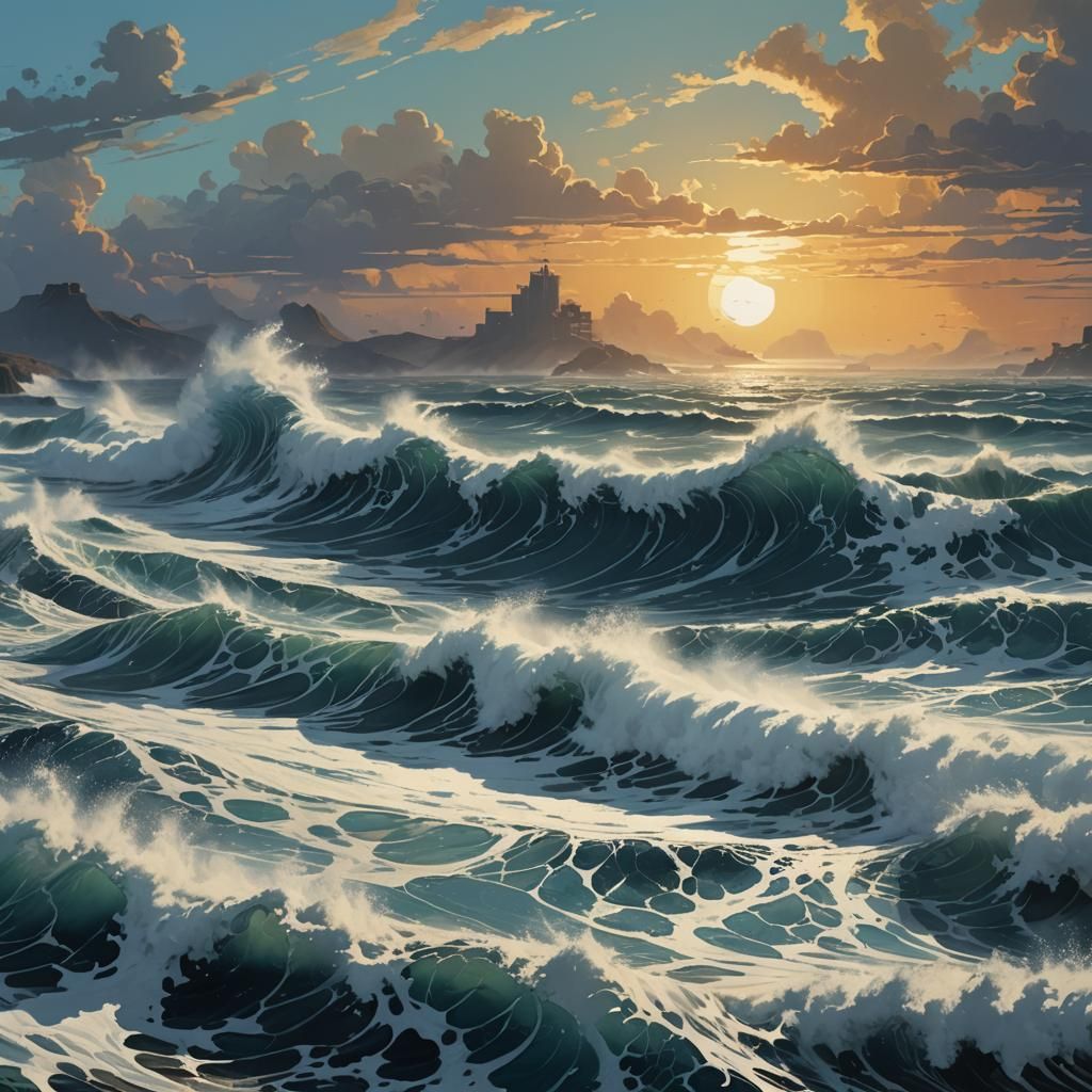 Violent Seas: Crashing Waves in Dystopian Sunlight