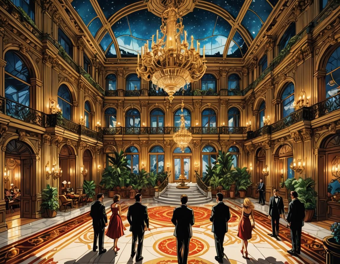 Opulent Mansion Party in Comic Book Style