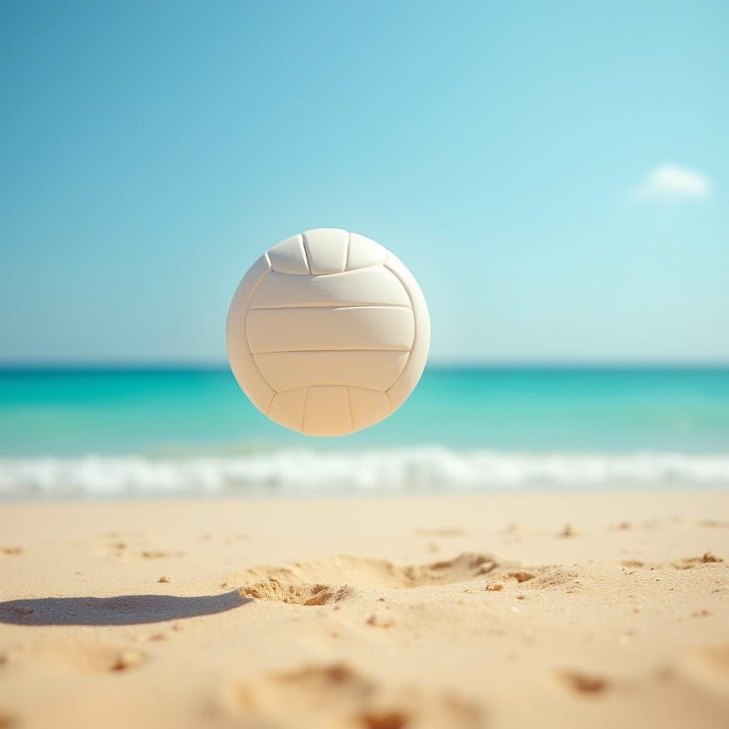 Volleyball Falling on Sunny Beach, Ocean Backdrop