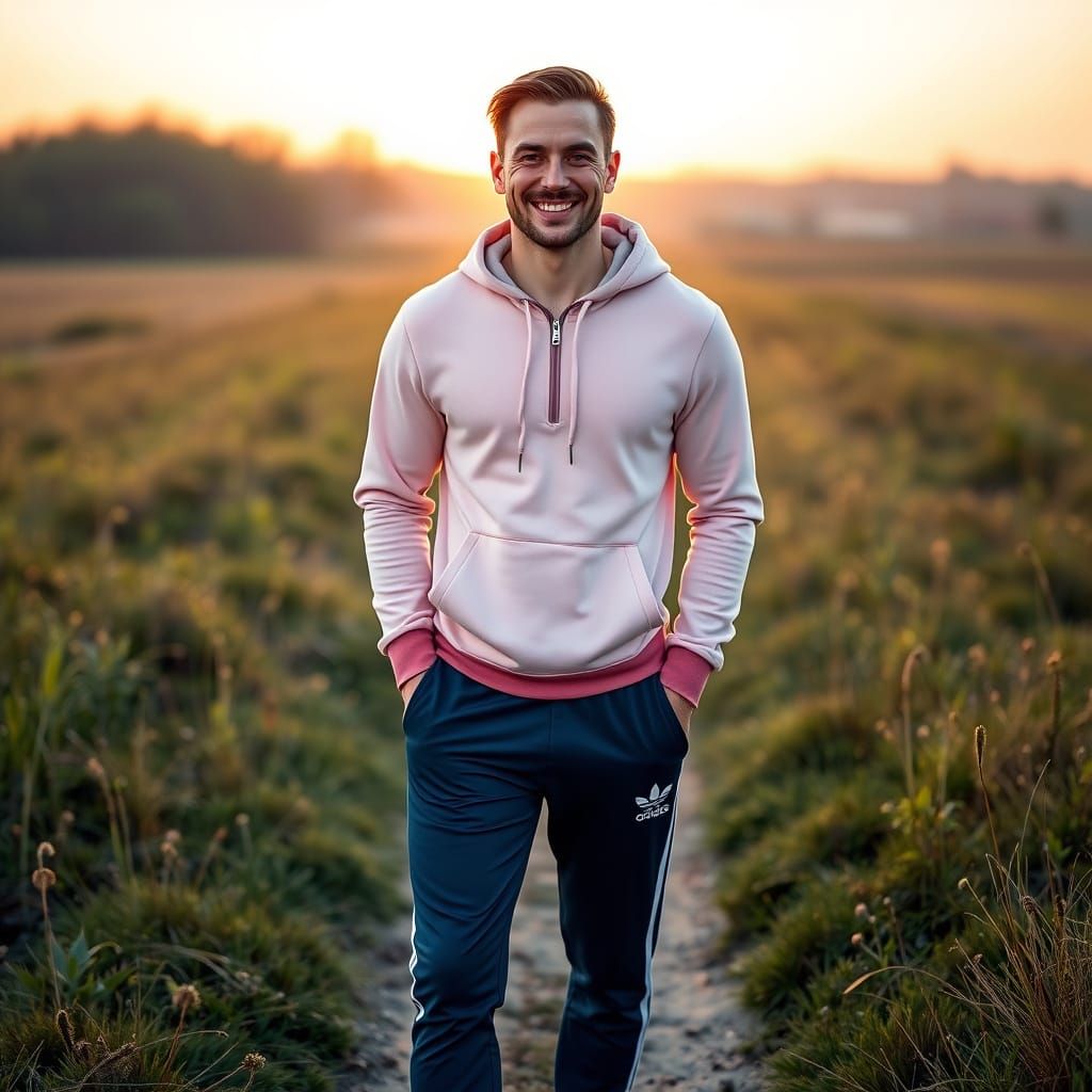Sunrise in Spring Meadow: Photorealistic Man Portrait