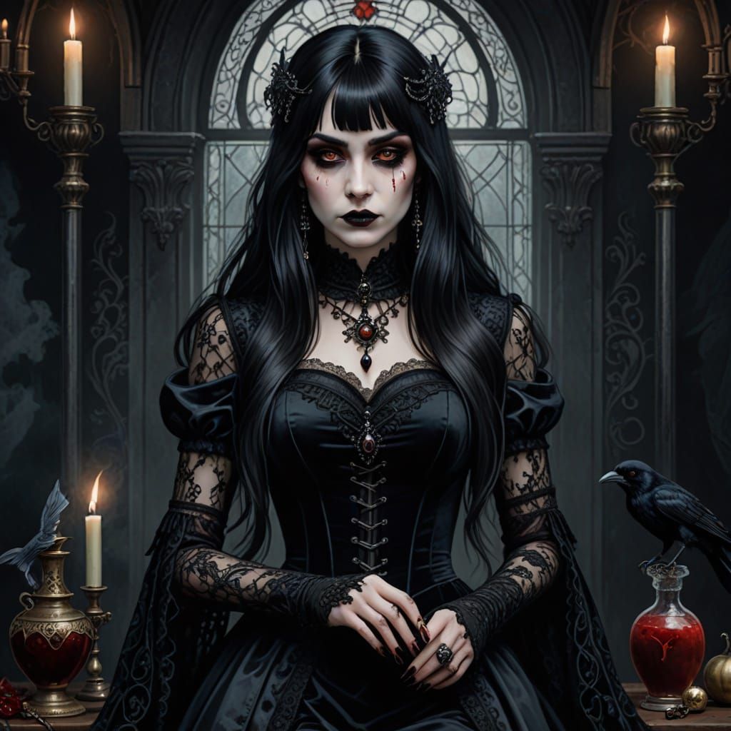 Dark Priestess with Crow and Blood Magic