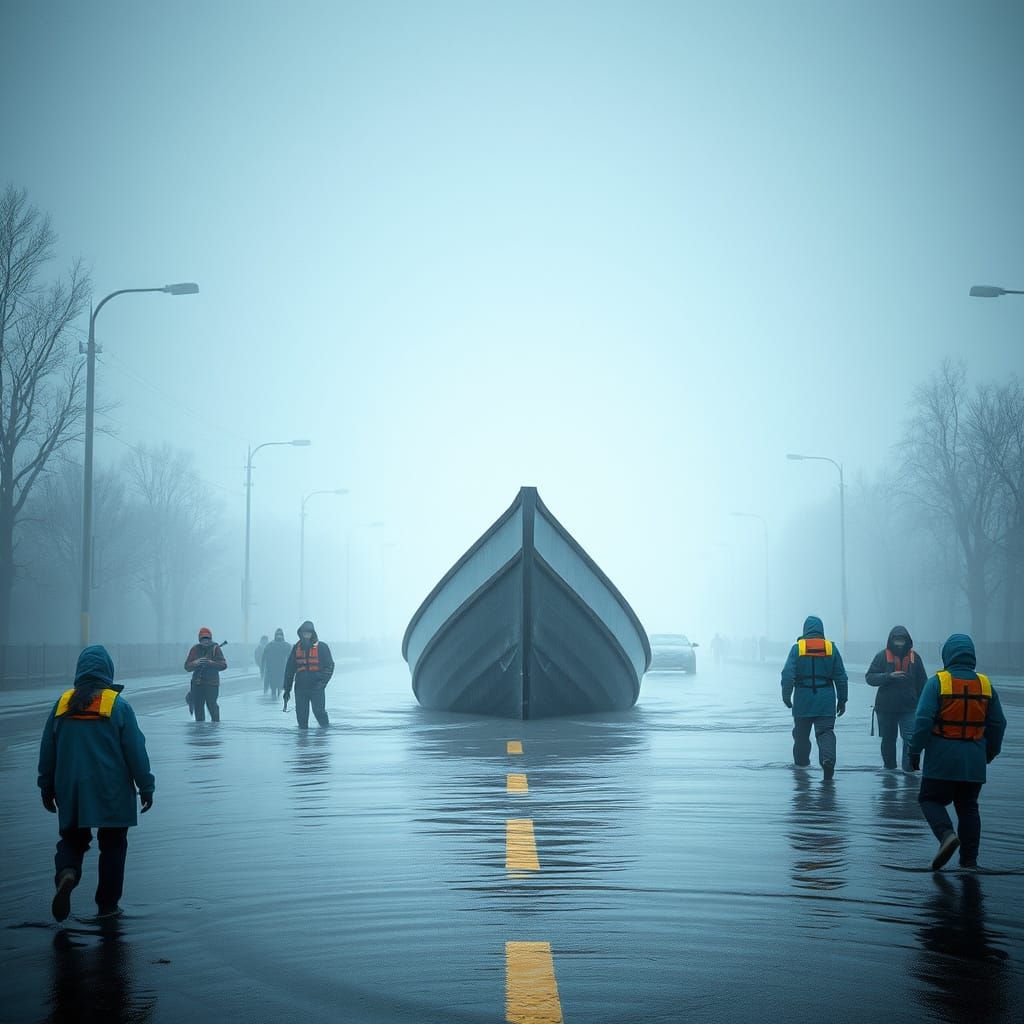 Dystopian Flood Scene with Boat, Digital Art