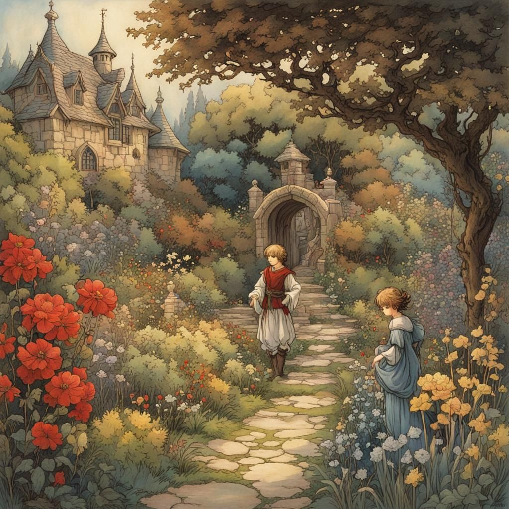 Fairytale Garden Scene in Arthur Rackham Style