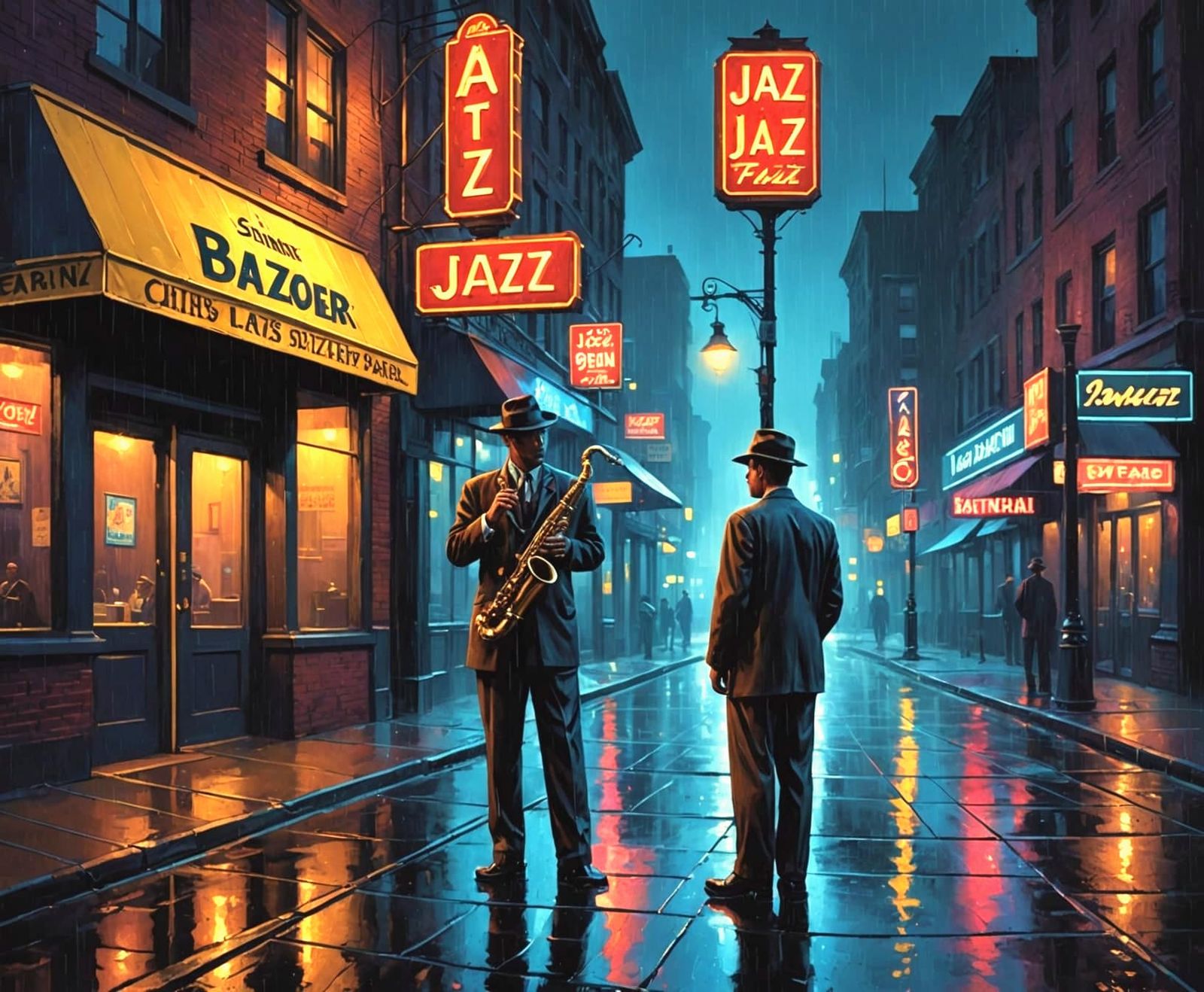 Jazz Saxophonist In Noir City Oil Painting