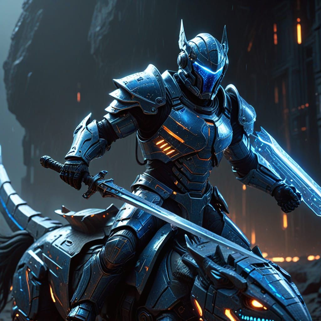 Armored Space Knight Rides Atomic Steed in Sci-Fi Battle