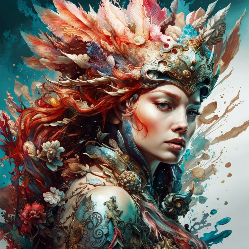 Mermaid Warrior in Shell Armor: Splash Art Style