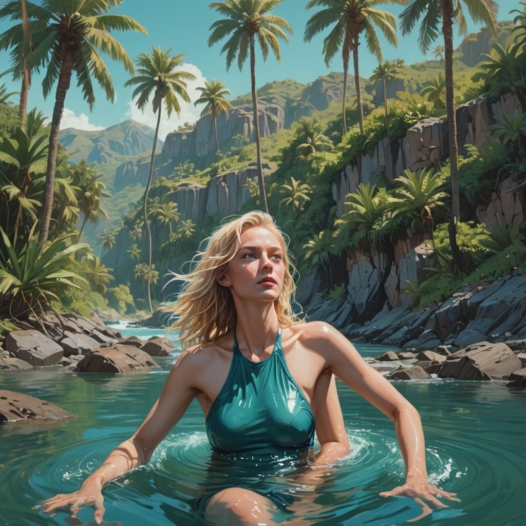 Blonde Woman in Blue Lagoon: Futuristic Realism