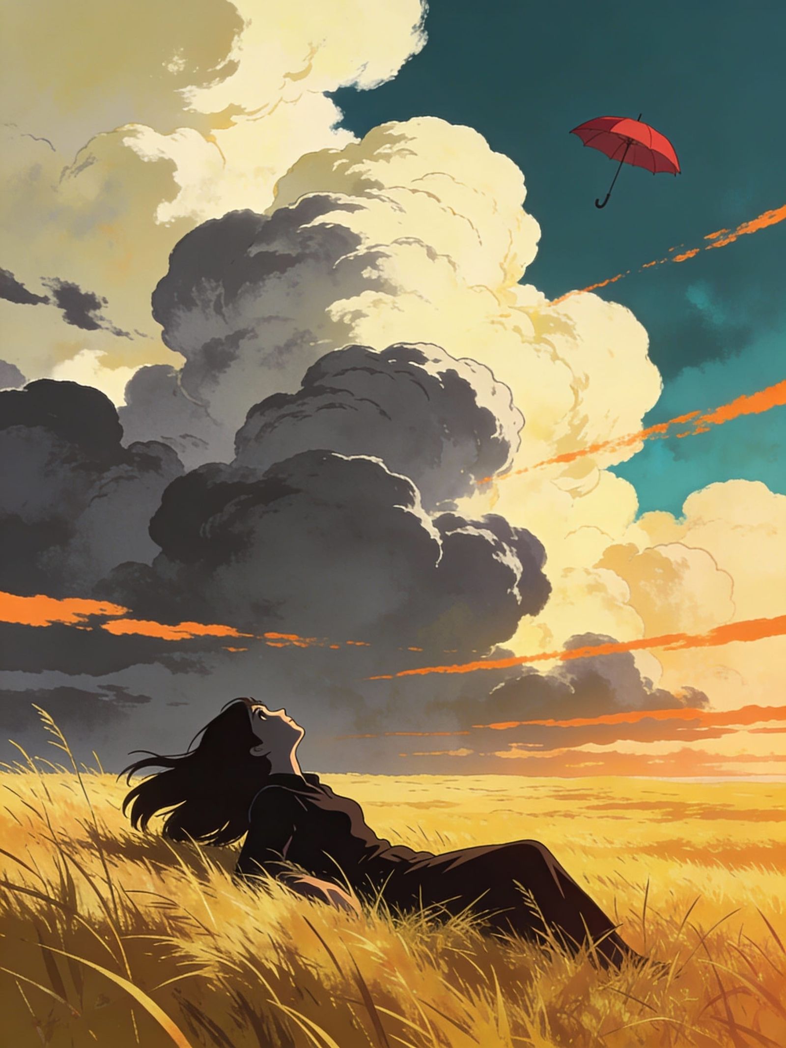 Red Umbrella Drifts Through Majestic Clouds