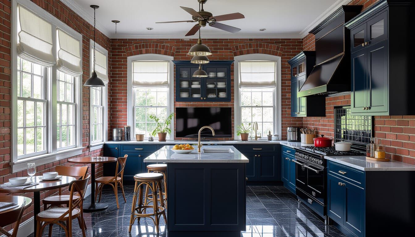Victorian Kitchen Room with Appliances and Brick Accents